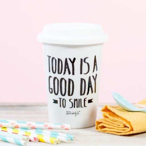 Ceramiczny kubek podróżny Mr. Wonderful Today is a good day to smile, 330 ml