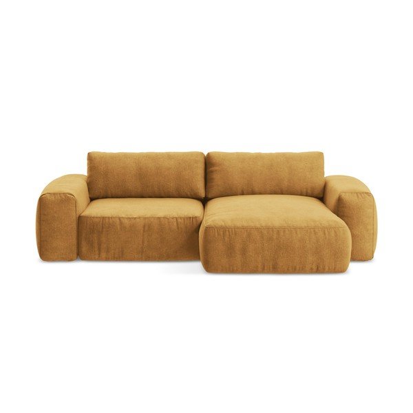 Musztardowy rozkładany narożnik z tkaniny szenilowej (prawostronny/z szezlongiem) Kuki – Makamii