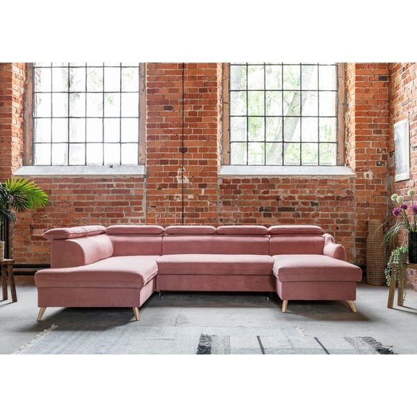 Jasnoróżowy aksamitny rozkładany narożnik (lewostronny/w kształcie litery U) Sweet Harmony – Miuform-image-1