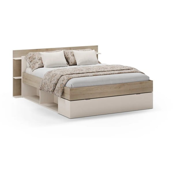 Biało-naturalne łóżko dwuosobowe w dekorze dębu ze schowkiem bez stelaża 140x190 cm Albo – Marckeric
