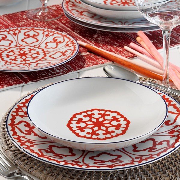 24-częściowy biały komplet naczyń porcelanowych z czerwonym detalem Kütahya Porselen Desen-image-1