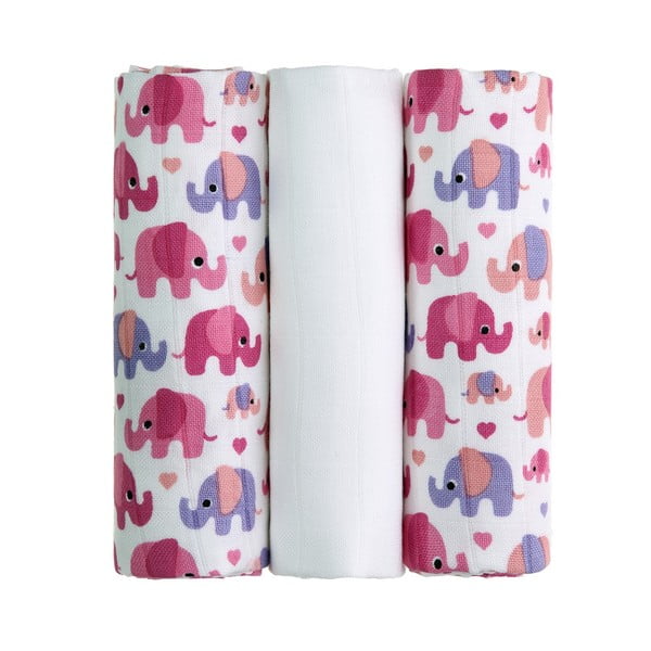 Zestaw 3 materiałowych pieluszek T-TOMI Pink Elephants, 70x70 cm