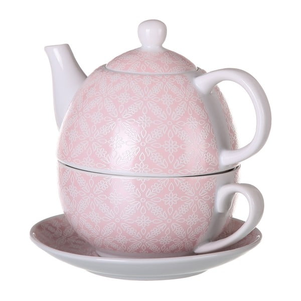 Komplet różowego dzbanka, filiżanki i spodka do herbaty Unimasa Tea, 450 ml