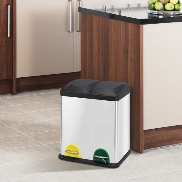 Stalowy kosz na śmieci 2x20 l do segregacji odpadów/z pedałem w kolorze matowego srebra   Tri Selectif – MSV-image-1