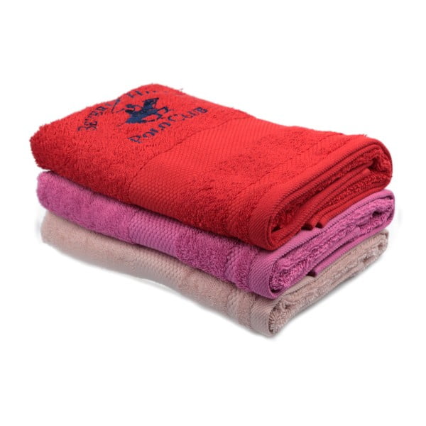 Zestaw różowego, czerwonego i jasnoróżowego ręcznika Beverly Hills Polo Club Tommy Orj, 50x100 cm
