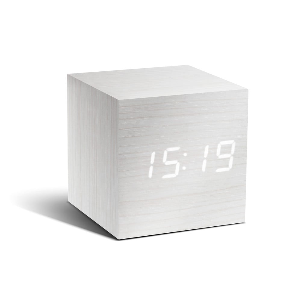 Biały budzik z białym wyświetlaczem LED Gingko Cube Click Clock