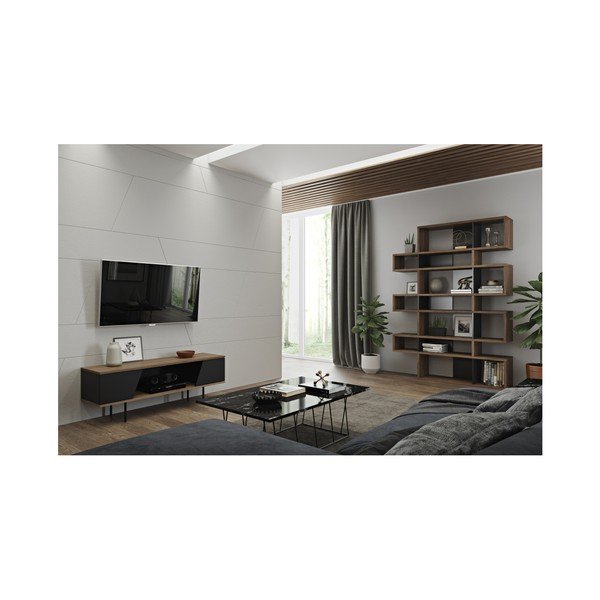 Szafka pod TV w dekorze drewna orzecha z czarnymi detalami TemaHome Dixie-image-4