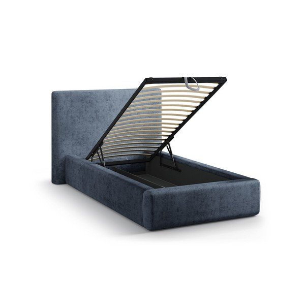 Ciemnoniebieskie tapicerowane łóżko jednoosobowe ze schowkiem i stelażem 90x200 cm Amy – Micadoni -image-1