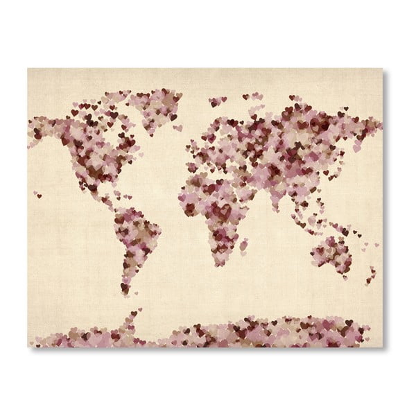 Plakat z różową mapą świata Americanflat Heart, 60x42 cm