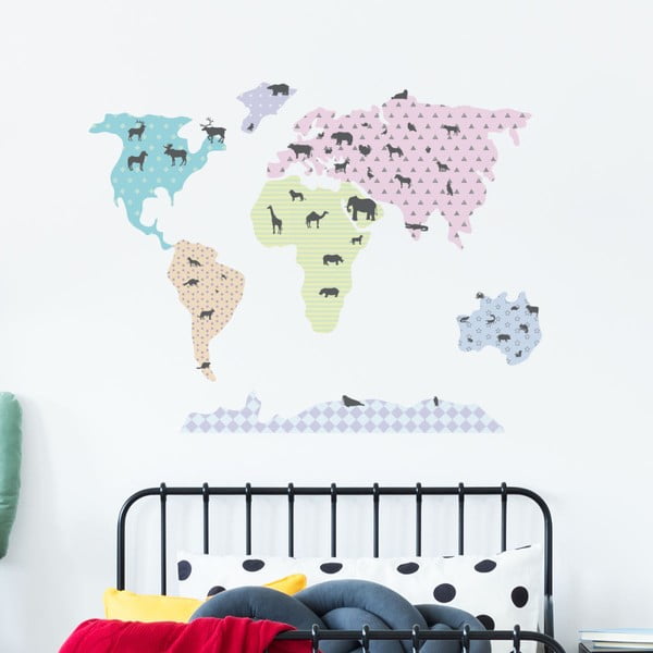 Komplet naklejek ściennych Ambiance World Map Pastel with Animals