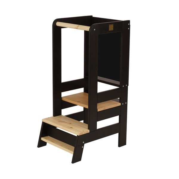 Czarno-naturalny pomocnik kuchenny dla dzieci z litego drewna sosnowego Montessori – Meowbaby