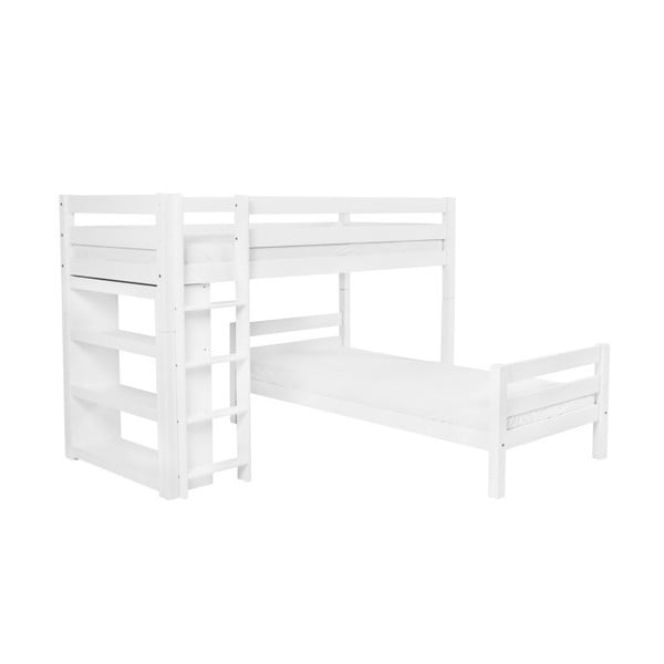 Białe dziecięce łóżko piętrowe z litego drewna bukowego Mobi furniture Emil, 200x90 cm