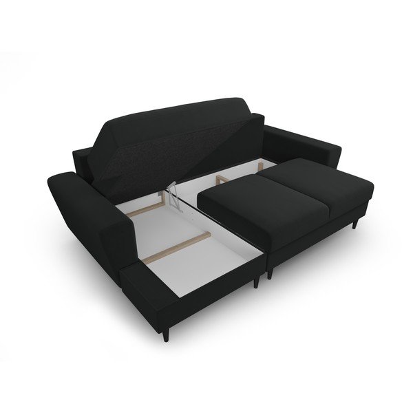Czarny aksamitny rozkładany narożnik ze schowkiem (lewostronny/z szezlongiem) Kyoto – Cosmopolitan Design-image-3