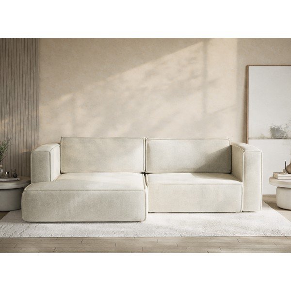 Kremowy rozkładany/ze schowkiem narożnik z tkaniny szenilowej (lewostronny/z szezlongiem) Velto – Maison de Rêve-image-1