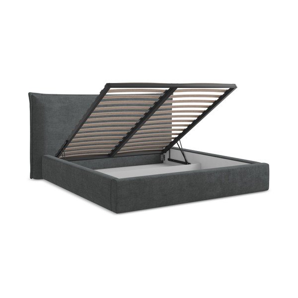 Ciemnoszare tapicerowane łóżko dwuosobowe ze schowkiem ze stelażem 180x200 cm Esala – Makamii-image-3