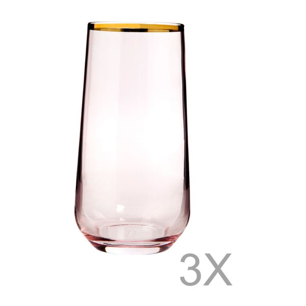 Zestaw 3 wysokich szklanek z różowego szkła ze złotą krawędzią Mezzo Paris, 250 ml