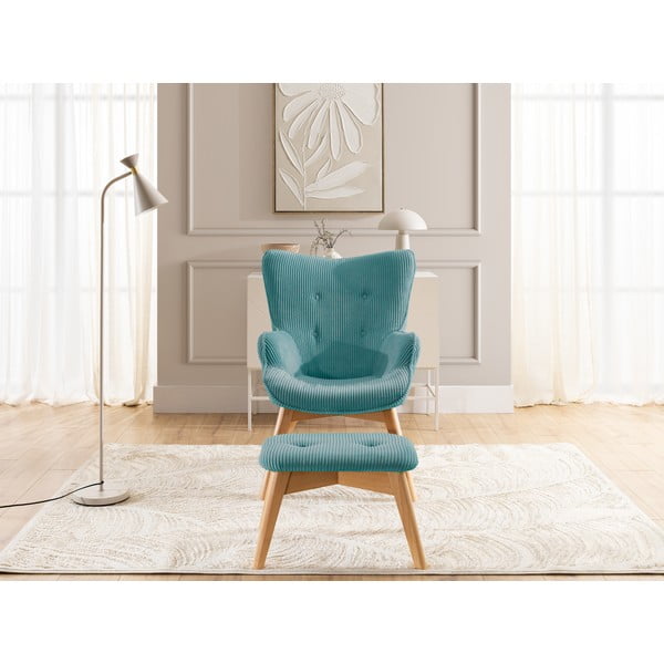 Turkusowy sztruksowy fotel z podnóżkiem Niko – Ropez-image-1