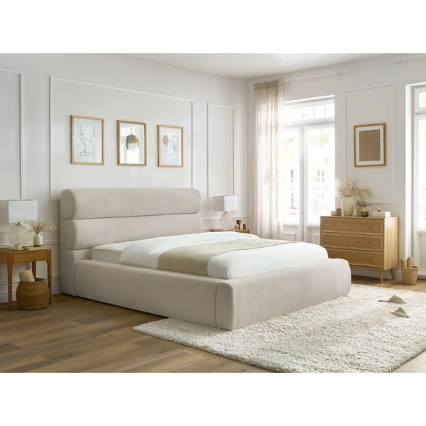 Beżowe tapicerowane łóżko dwuosobowe ze schowkiem i stelażem 180x200 cm Jagna – Bobochic Paris-image-3