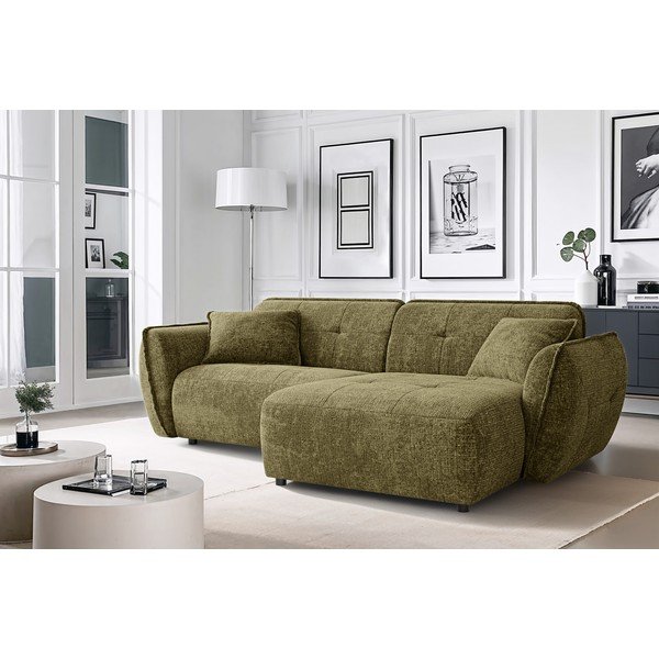 Zielony narożnik z tkaniny szenilowej (prawostronny/z szezlongiem) Nelia – Ropez-image-1