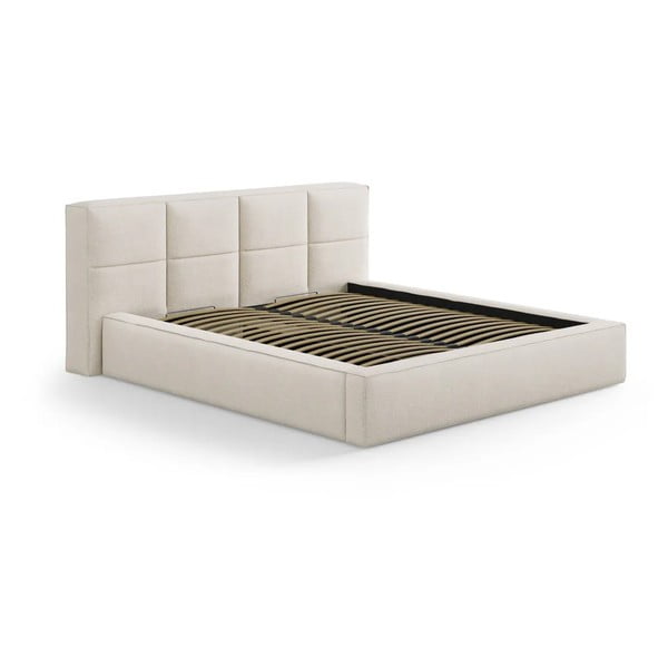 Kremowe tapicerowane łóżko dwuosobowe ze schowkiem ze stelażem 180x200 cm Simon Darren – Micadoni 