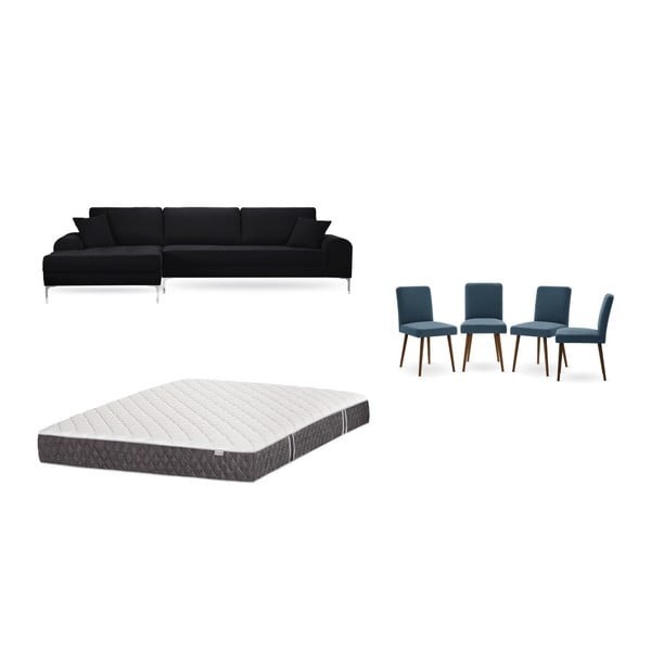 Zestaw czarnego narożnika lewostronnego, 4 niebieskich krzeseł i materaca 160x200 cm Home Essentials