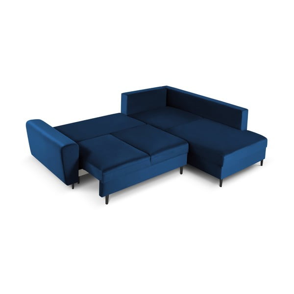 Niebieski aksamitny rozkładany narożnik ze schowkiem (prawostronny/w kształcie litery L) Kyoto – Cosmopolitan Design-image-2