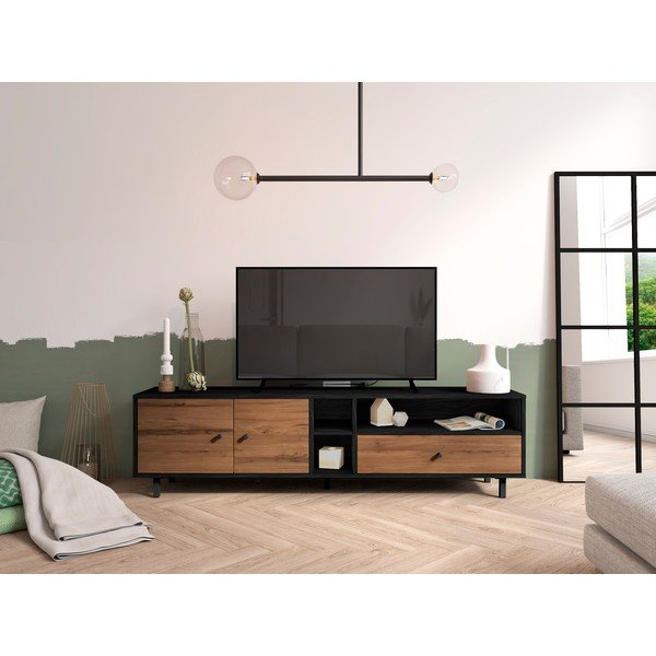 Czarno-naturalna szafka pod TV w dekorze orzecha 180x47 cm Roald – Marckeric-image-1