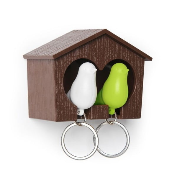 Budka z zawieszkami na klucze QUALY Duo Sparrow, brązowa/biała/zielona