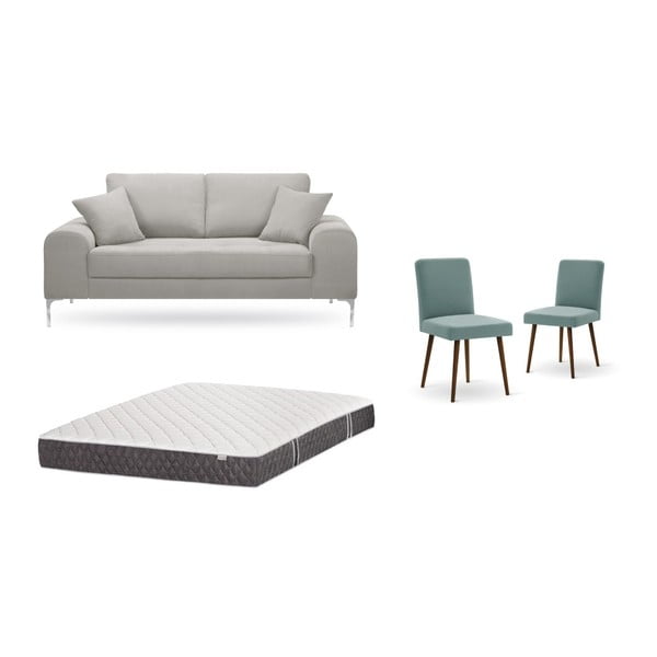 Zestaw 2-osobowej jasnoszarej sofy, 2 szarozielonych krzeseł i materaca 140x200 cm Home Essentials