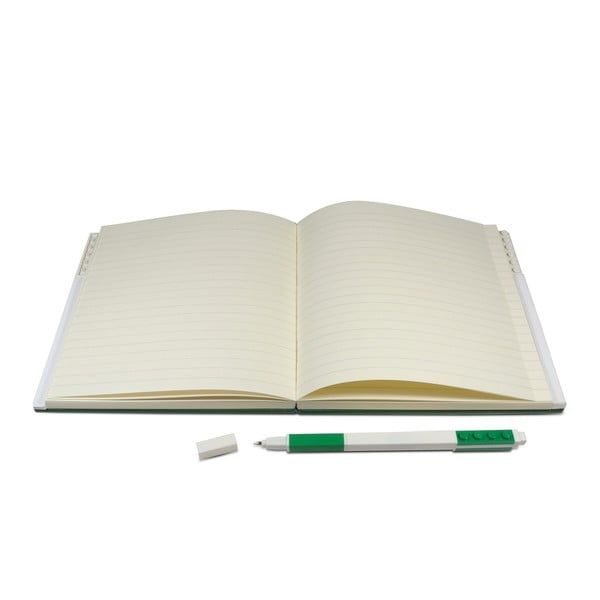 Zielony kwadratowy notatnik z długopisem żelowym LEGO®, 15,9x15,9 cm-image-1