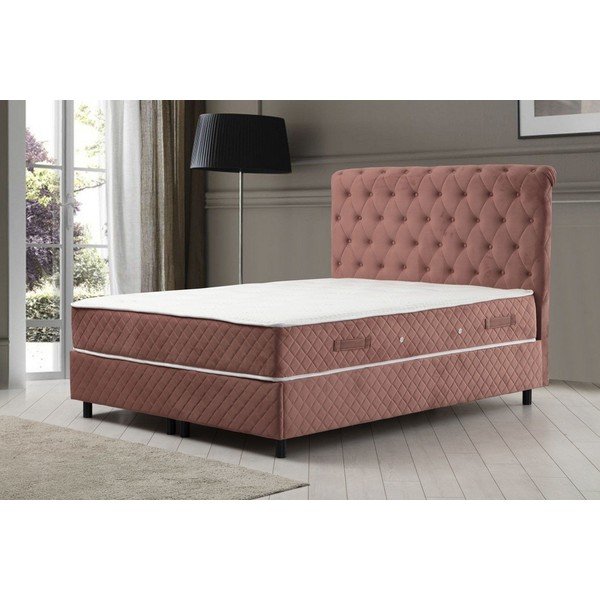 Różowe łóżko boxspring ze schowkiem 140x200 cm Sonata – Kalune Design-image-1