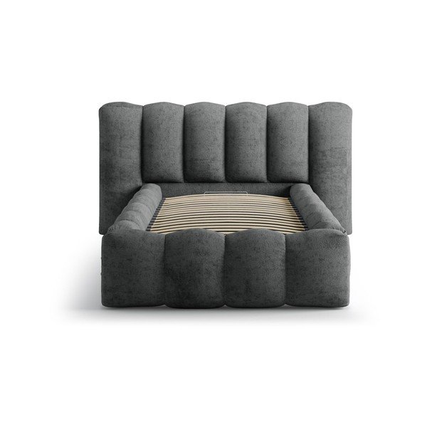 Ciemnoszare tapicerowane łóżko jednoosobowe ze schowkiem i stelażem 90x200 cm Lupine – Micadoni -image-3