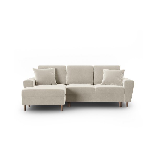 Beżowy aksamitny rozkładany narożnik ze schowkiem (lewostronny/z szezlongiem) Kyoto – Cosmopolitan Design