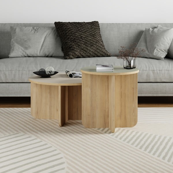 Kremowe/w naturalnym kolorze okrągłe stoliki zestaw 2 szt. w dekorze dębu ø 70 cm Hillary – Marckeric-image-1