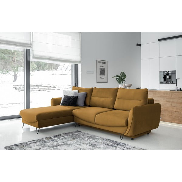 Żółty aksamitny rozkładany/ze schowkiem narożnik (lewostronny/z szezlongiem) Silva – ELTAP-image-1