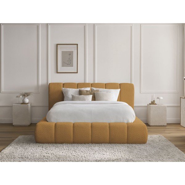 Musztardowe tapicerowane łóżko dwuosobowe ze schowkiem i stelażem 160x200 cm Denali – Bobochic Paris-image-1