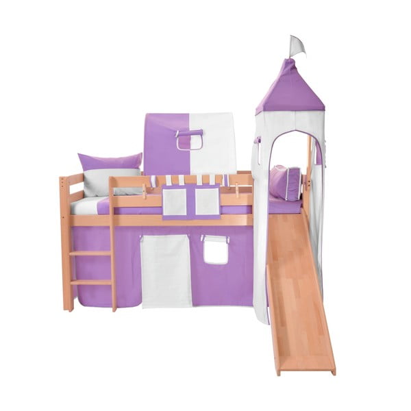 Dziecięce łóżko piętrowe ze zjeżdżalnią i fioletowo-białym zamkiem z bawełny Mobi furniture Tom, 200x90 cm