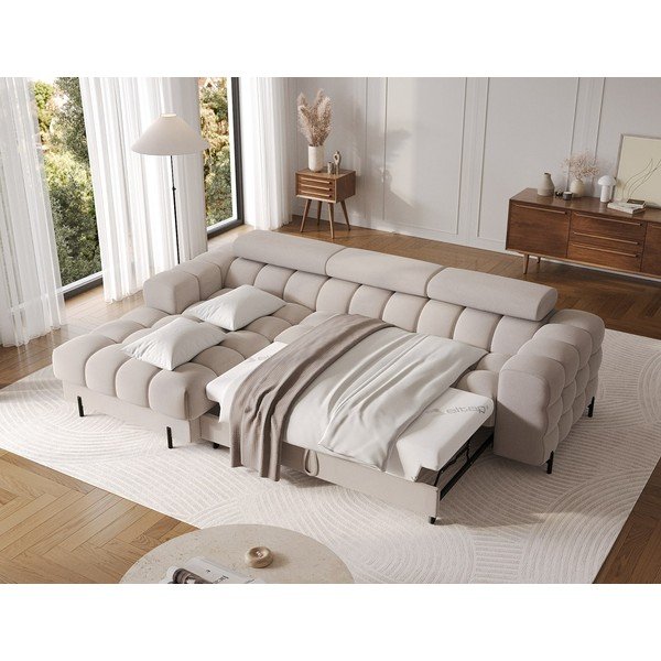 Beżowy aksamitny rozkładany/ze schowkiem narożnik (lewostronny/z szezlongiem) Felro – ELTAP-image-4