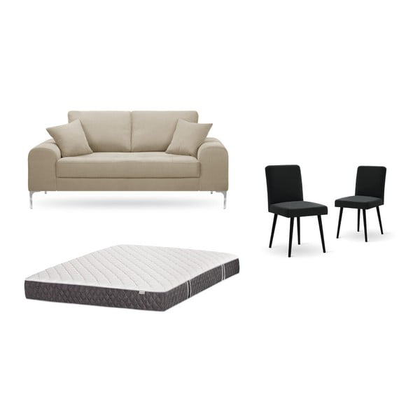 Zestaw 2-osobowej szarobeżowej sofy, 2 czarnych krzeseł i materaca 140x200 cm Home Essentials