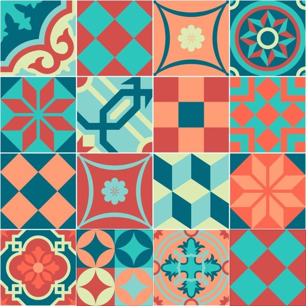 Zestaw 16 naklejek ściennych Ambiance Wall Stickers Tiles Azulejos Colorful Vintage Style, 10x10 cm-image-1