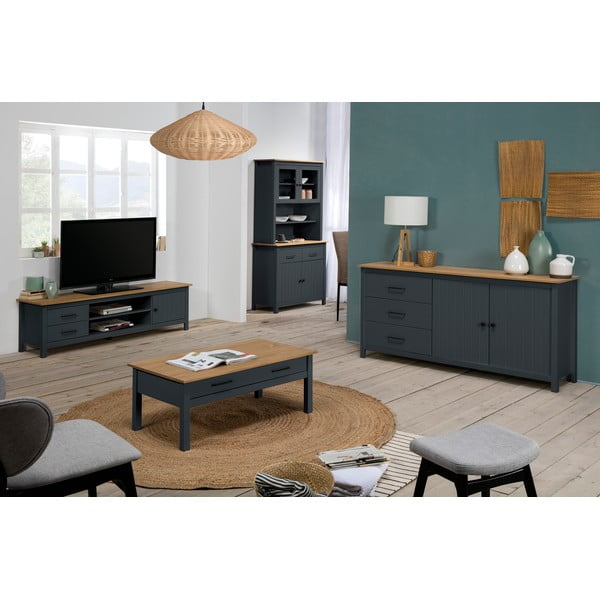 Ciemnoniebieska niska komoda z litego drewna sosnowego 150x80 cm Miranda – Marckeric-image-1