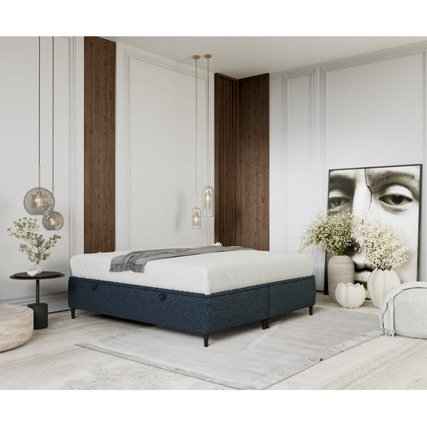 Ciemnoniebieskie tapicerowane łóżko dwuosobowe ze schowkiem 160x200 cm Tate – Maison de Rêve-image-4