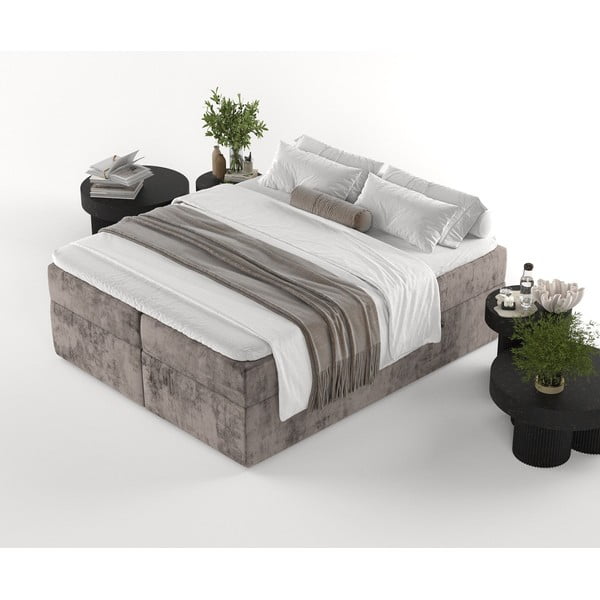 Brązowe łóżko boxspring ze schowkiem 200x200 cm Yoko – Maison de Rêve-image-4