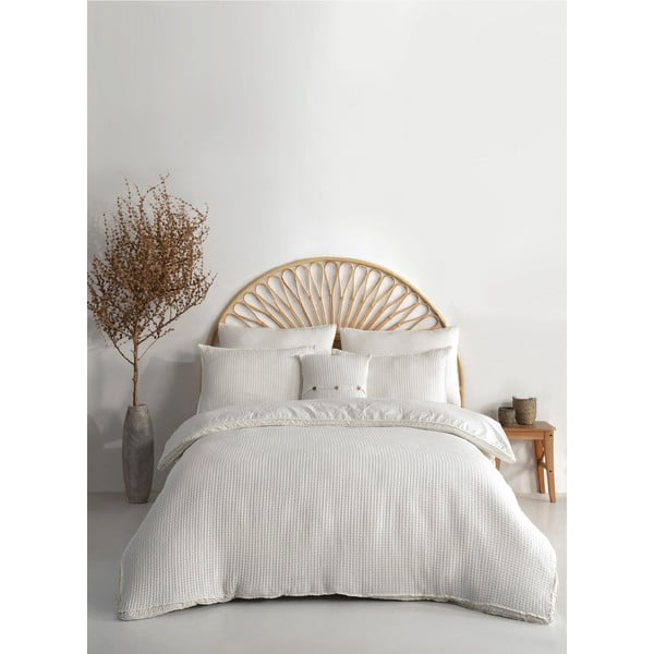 Biała pościel jednoosobowa z bawełny renforcé 140x200 cm Waffle Striped – Mila Home Luxury-image-1