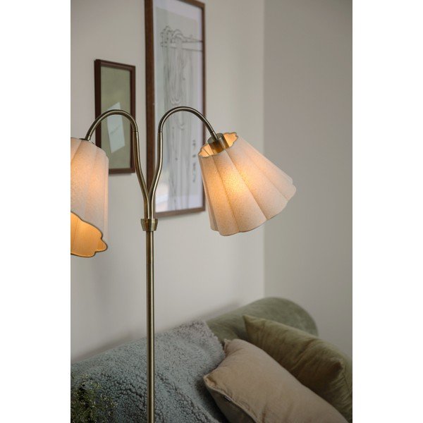 Beżowa/w kolorze mosiądzu lniana lampa stojąca z elastyczną konstrukcją (wysokość 149 cm) Veya – Markslöjd-image-1