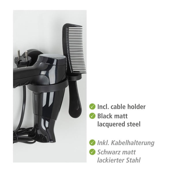 Czarny uchwyt ścienny na suszarkę do włosów Wenko Static-Loc® Pavia-image-1