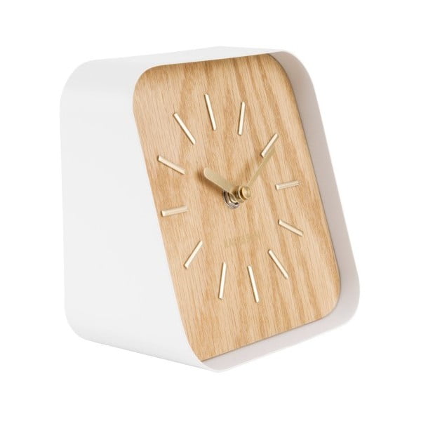 Biały metalowy zegar stołowy w dekorze drewna Karlsson Squared
