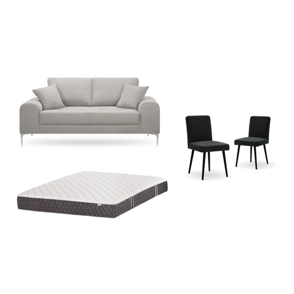 Zestaw 2-osobowej jasnoszarej sofy, 2 czarnych krzeseł i materaca 140x200 cm Home Essentials