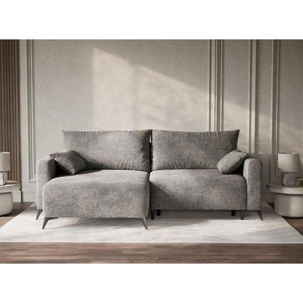 Szary rozkładany/ze schowkiem narożnik z tkaniny szenilowej (lewostronny/z szezlongiem) Leon – Maison de Rêve-image-1
