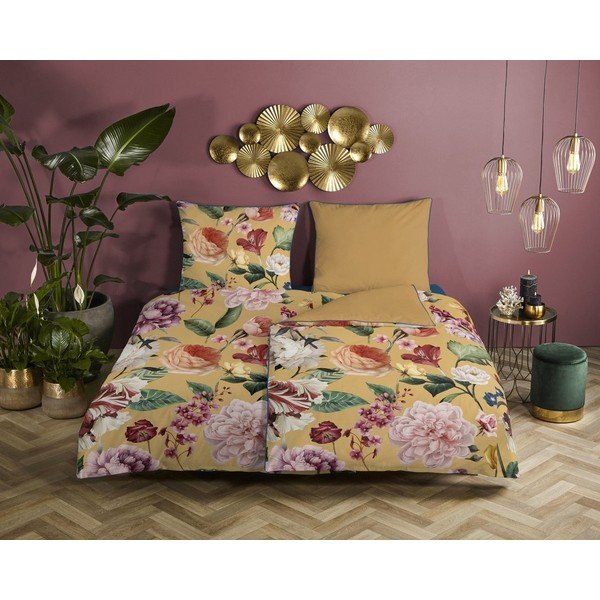 Żółta pościel jednoosobowa z bawełny organicznej Descanso Flowery, 140x200 cm-image-1